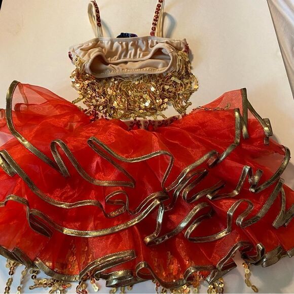 Glamour dance costume 2 piece red jewel gold fringe tutu dress small child SC - Picture 2 of 15